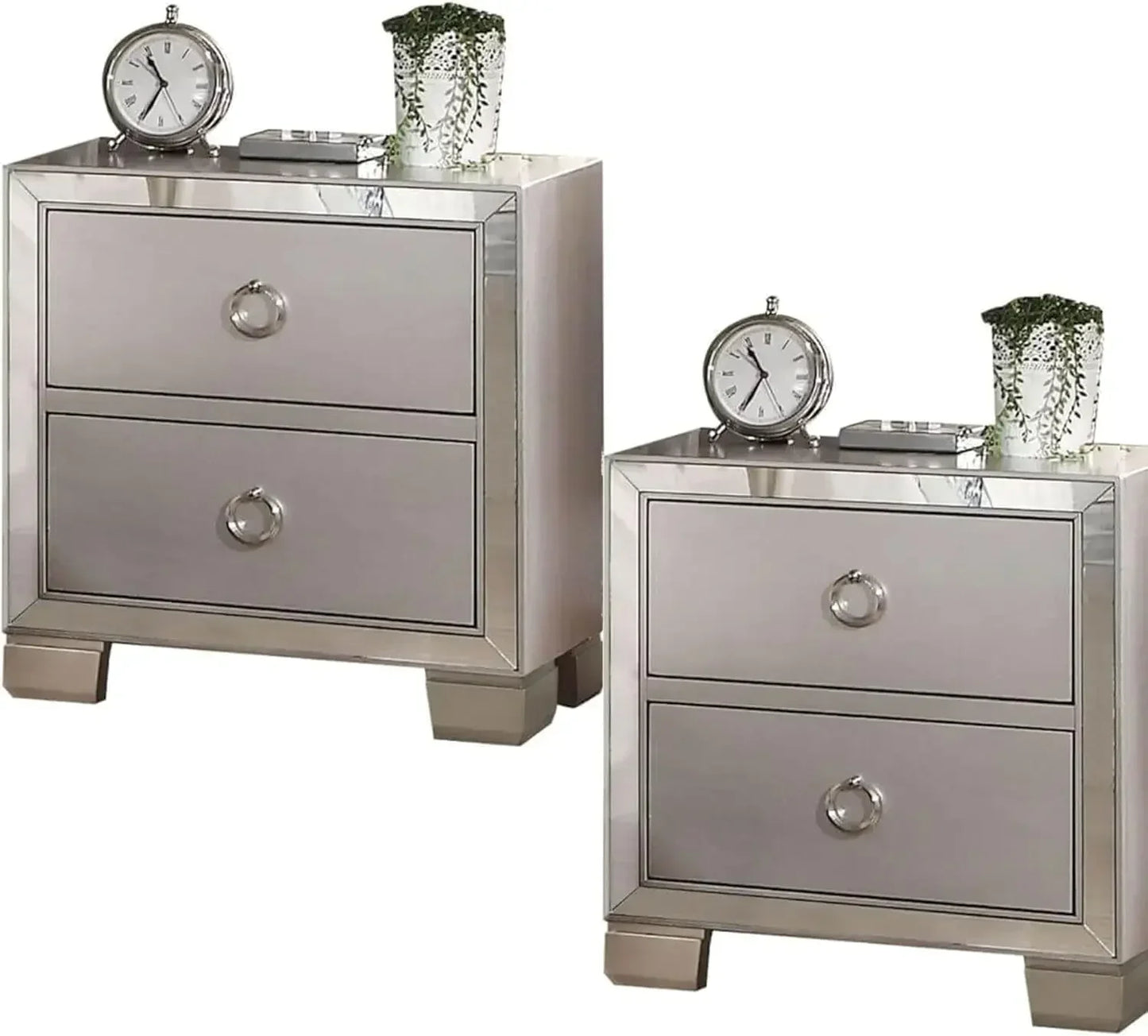 Modern Mirrored Nightstand Dresser Set with 2 Drawers and Round Ring Handle