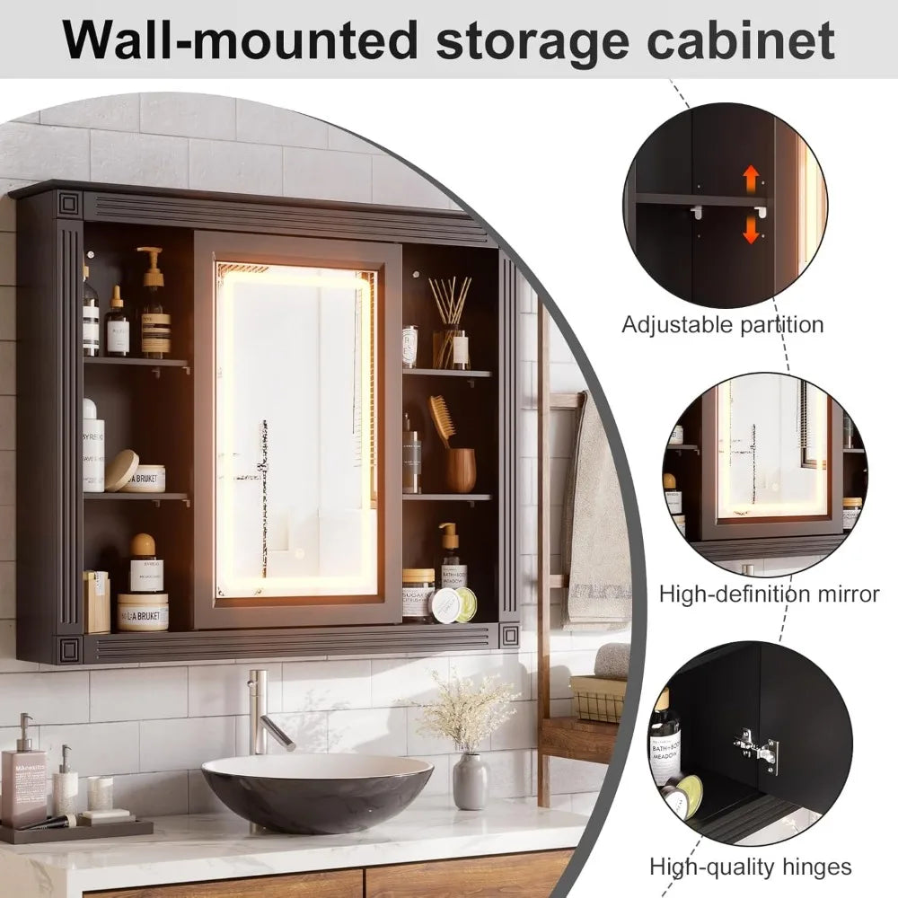Wood Medicine Cabinet Over The Toilet Storage Organizer with Mirrored Doors