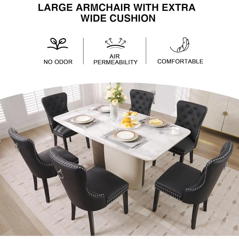 Tufted Upholstered Leather Dining Chairs with Solid Wood Legs and a Pull Ring