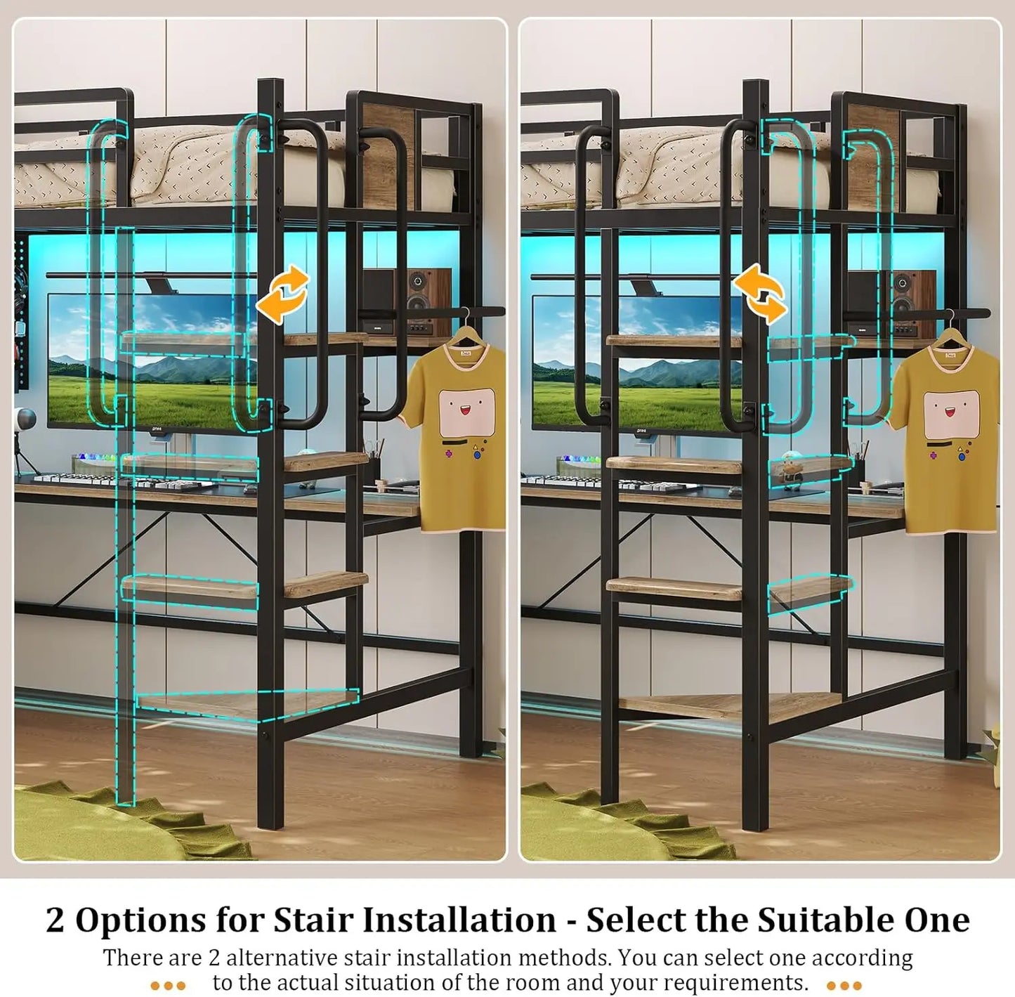 Loft Bed with Desk & RGB LED Lights and Charging Station