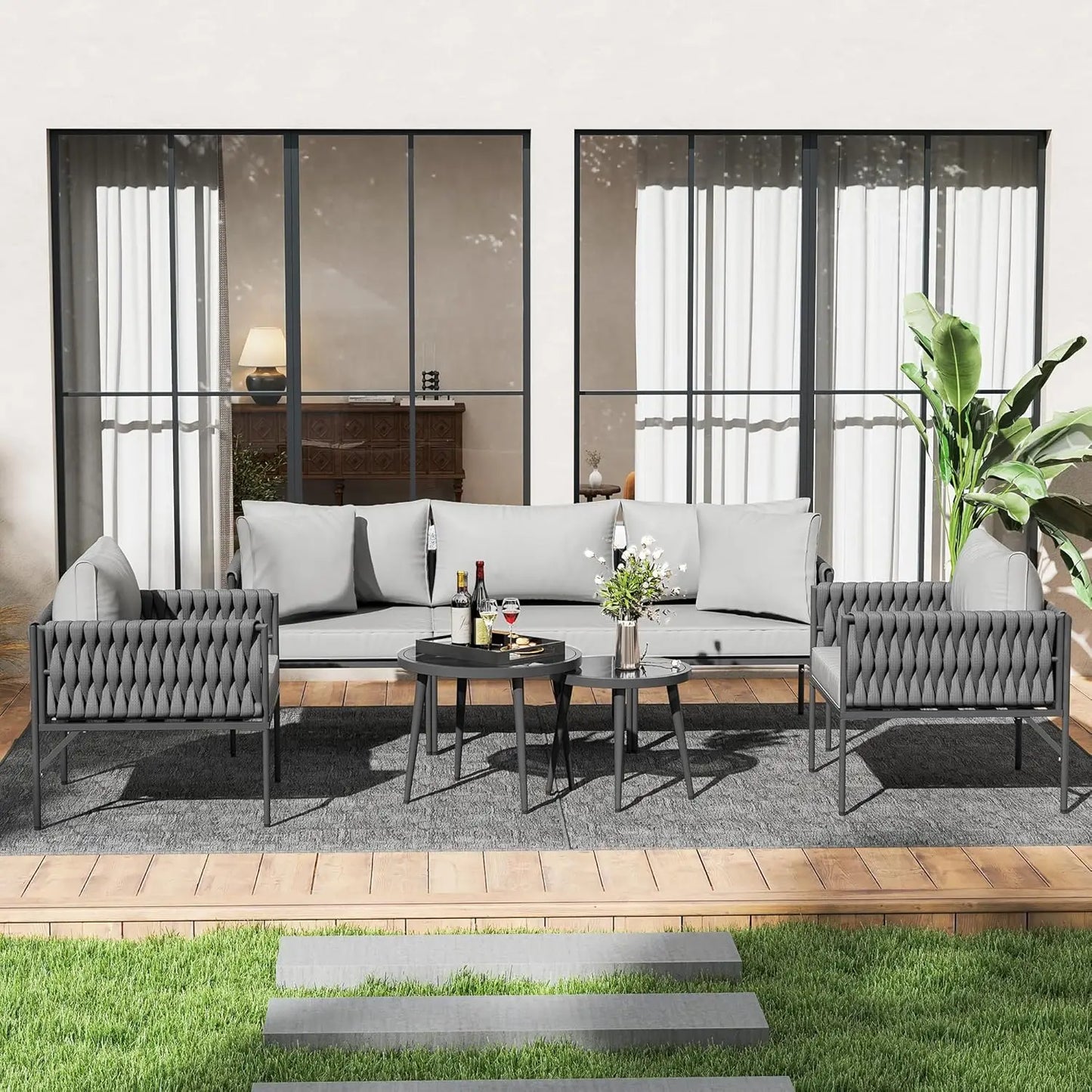 Patio Furniture Set with Handwoven Rope and Deep Seating