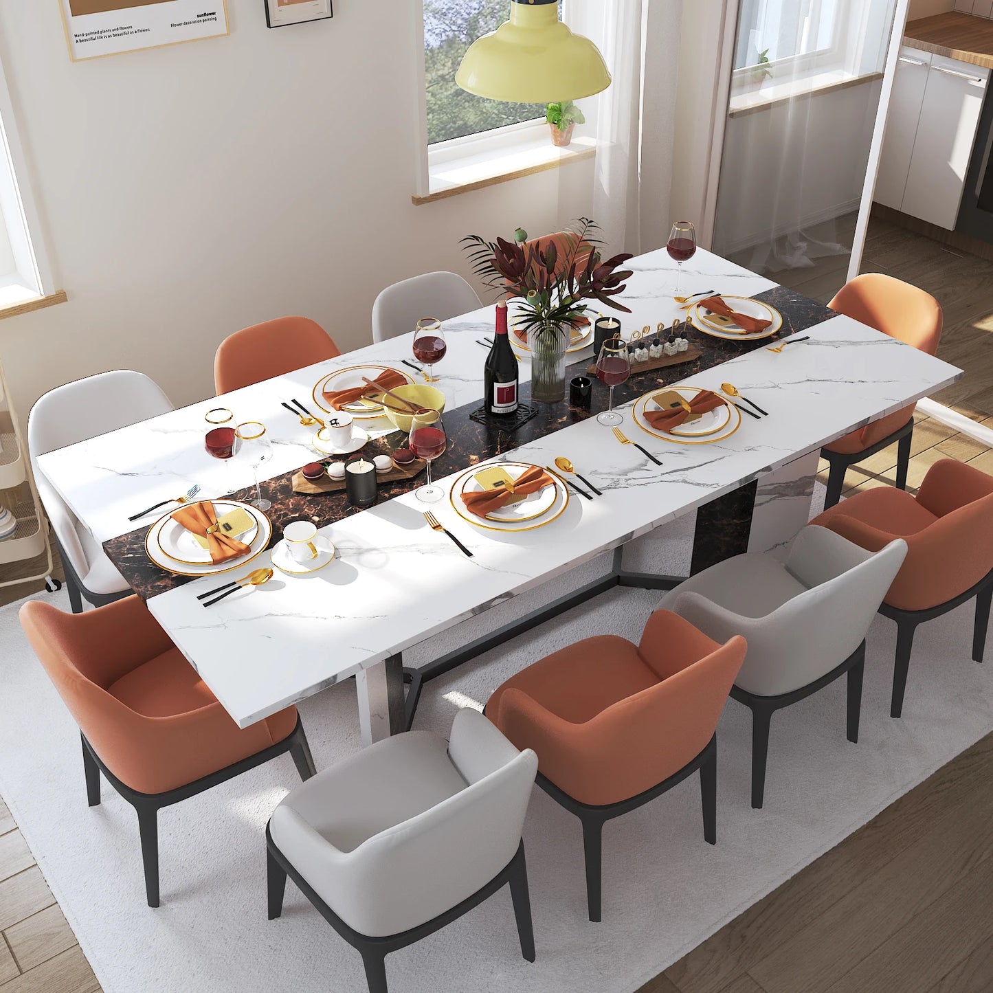Large Rectangular White Dining Table with Marble Color, Wood Tabletop, Metal Leg