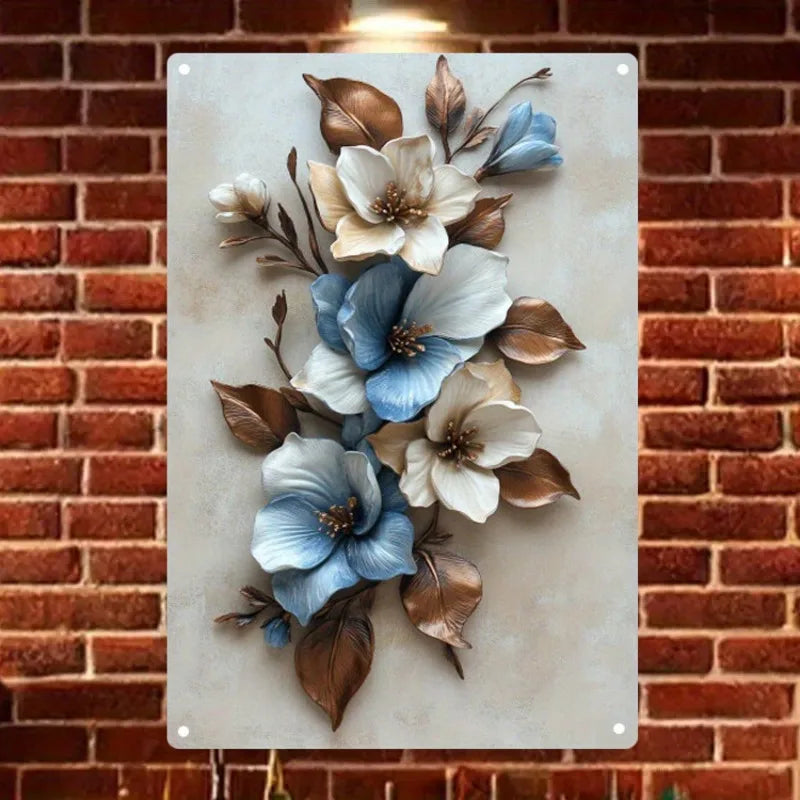 Metal Wall Elegant Art Blue and White Flower