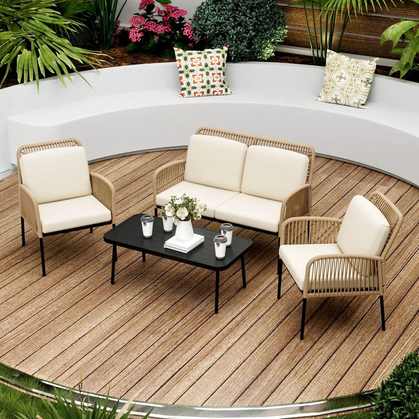 Outdoor Conversation Set with 2 Wicker Chair& Loveseat Sofa