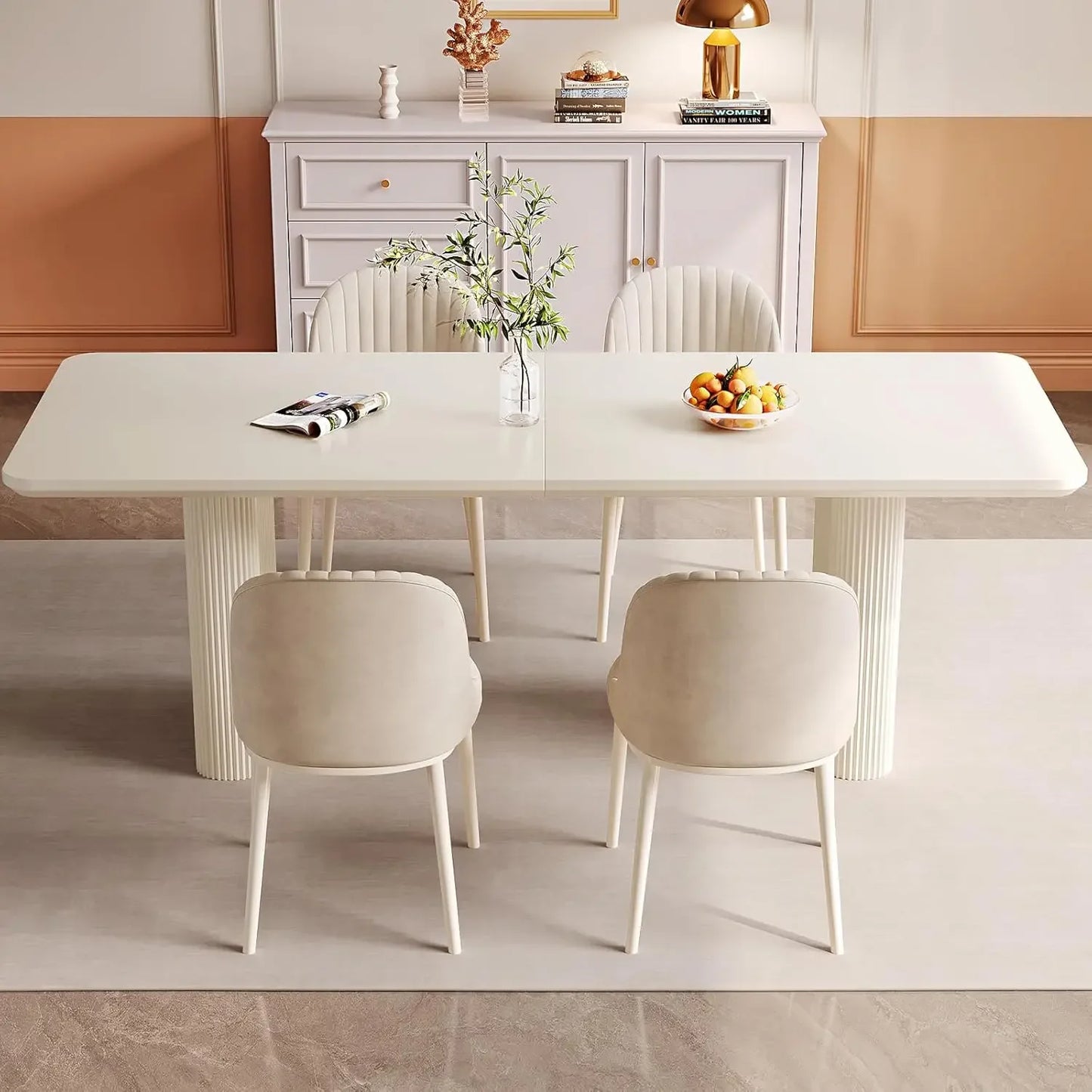 Large Modern Rectangular Dining Table with Cream White Wavy Table Legs