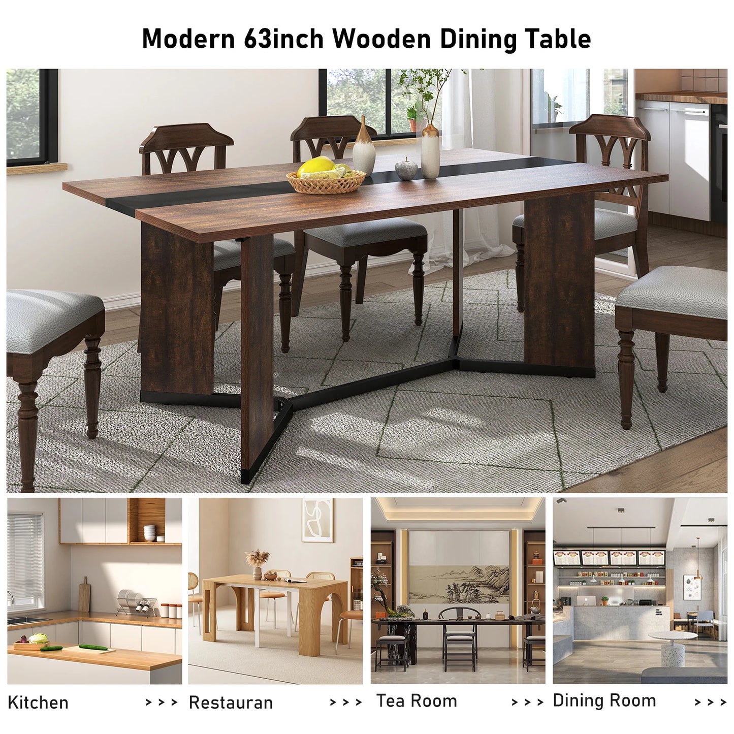 Large Rectangular White Dining Table with Marble Color, Wood Tabletop, Metal Leg