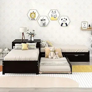 Double Twin Bed House Frame with Nightstand