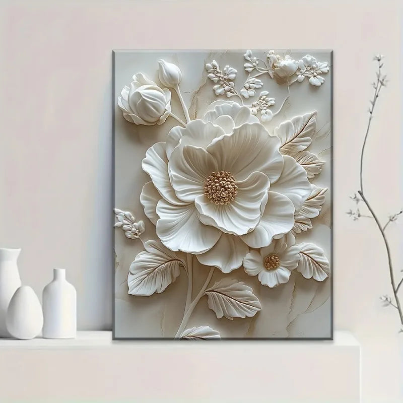 Wood Frame Canvas White Flower Pattern Mural