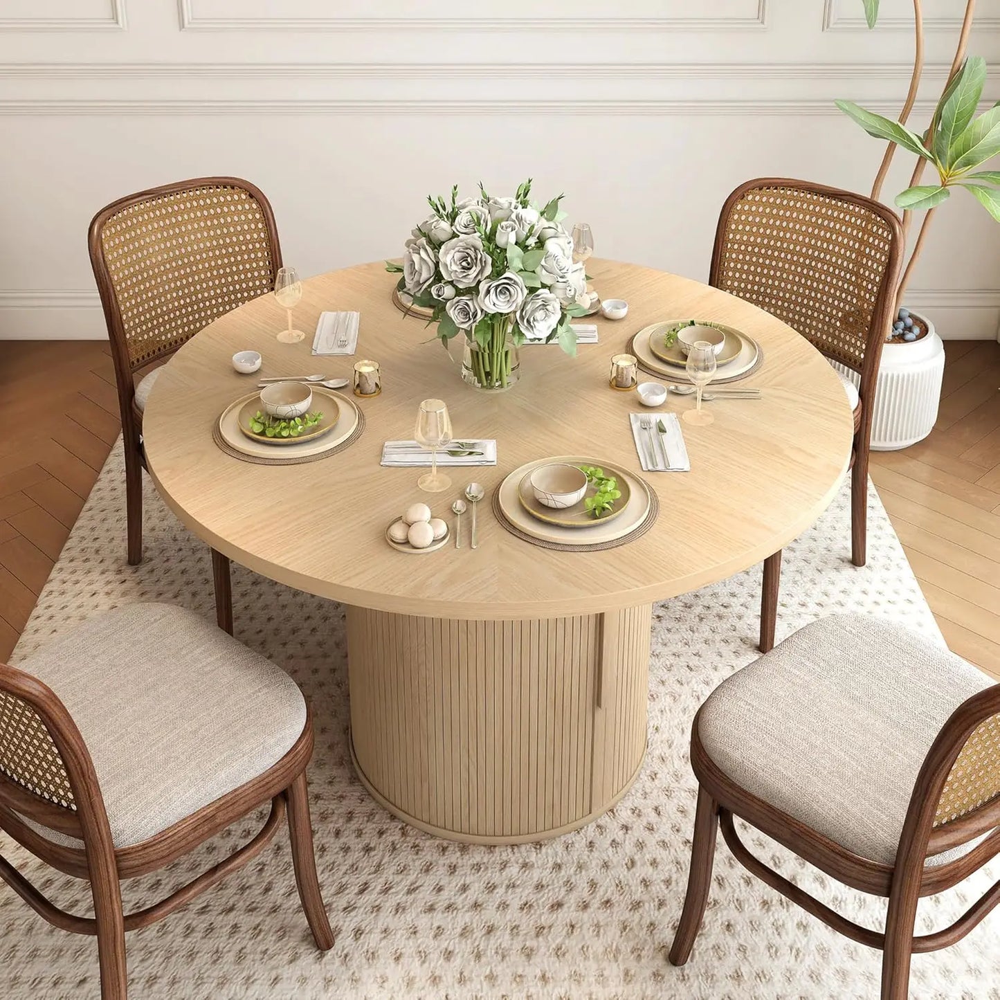 Round Dining Table with 2-Layer Storage Shelf and Wood Slide Door