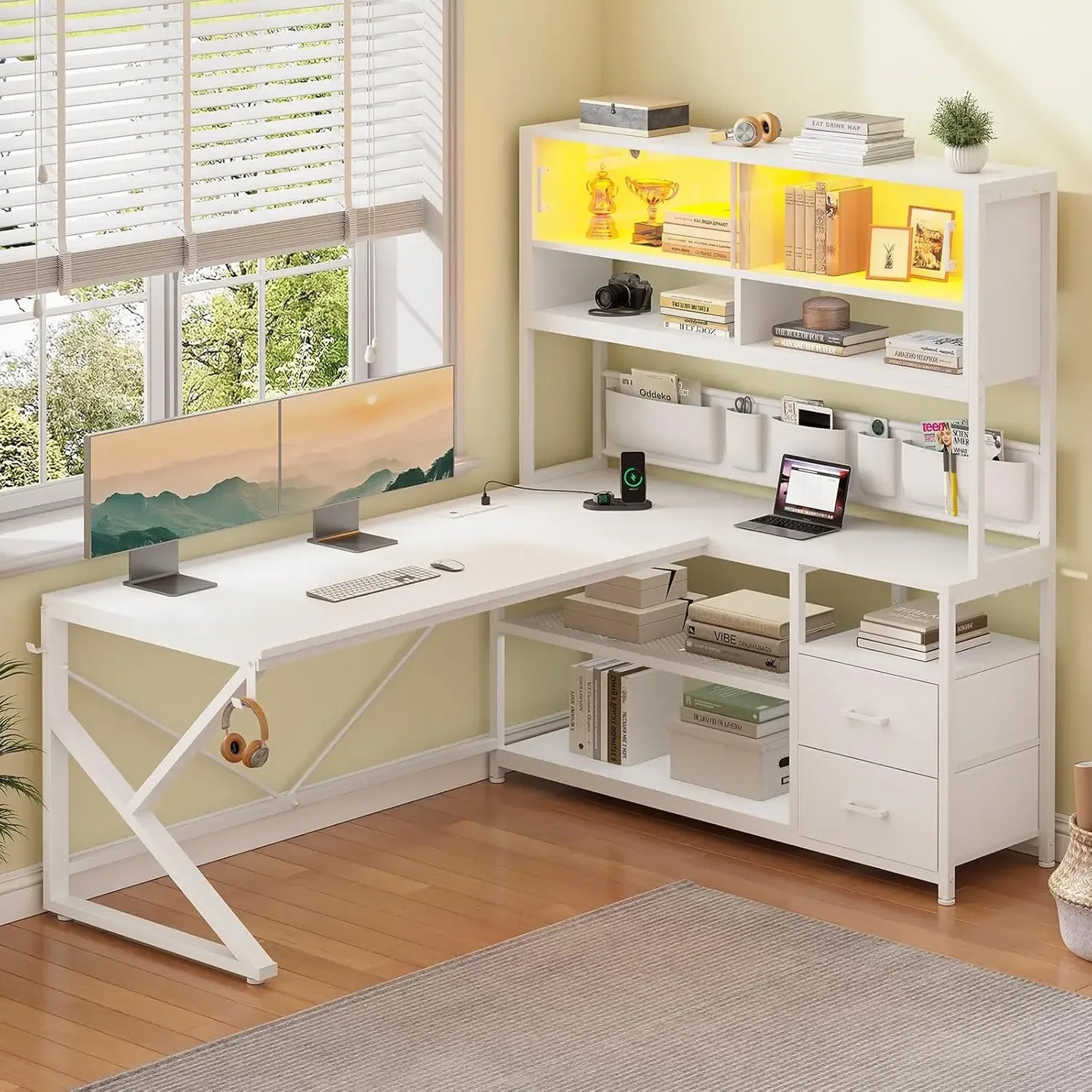 L Shaped Home Office Computer Desk with 2 Drawer and Bookshelf