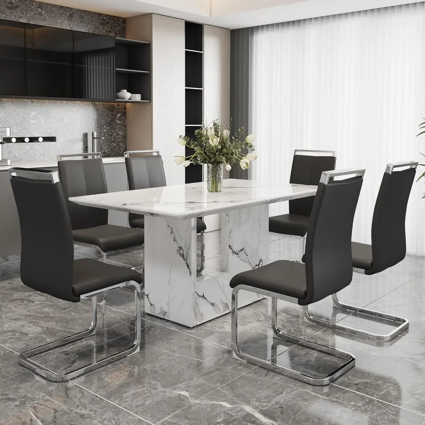 White Imitation Marble Table with Leather Chairs Set