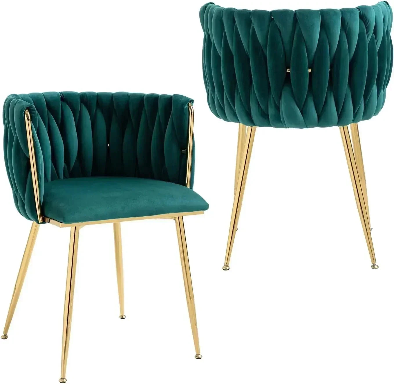 Woven Velvet Upholstered Dining Chairs Set with Gold Metal Legs