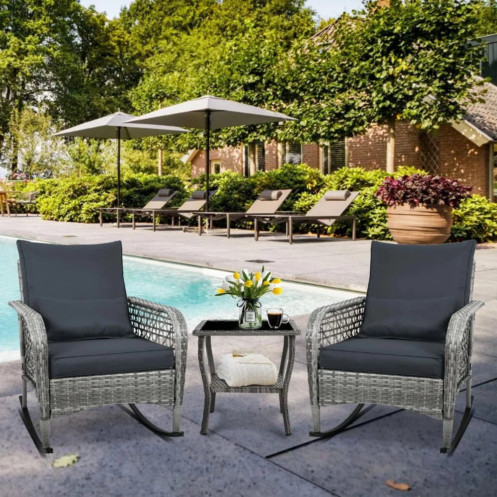 Wicker Cushioned Patio Rocker with Side Table