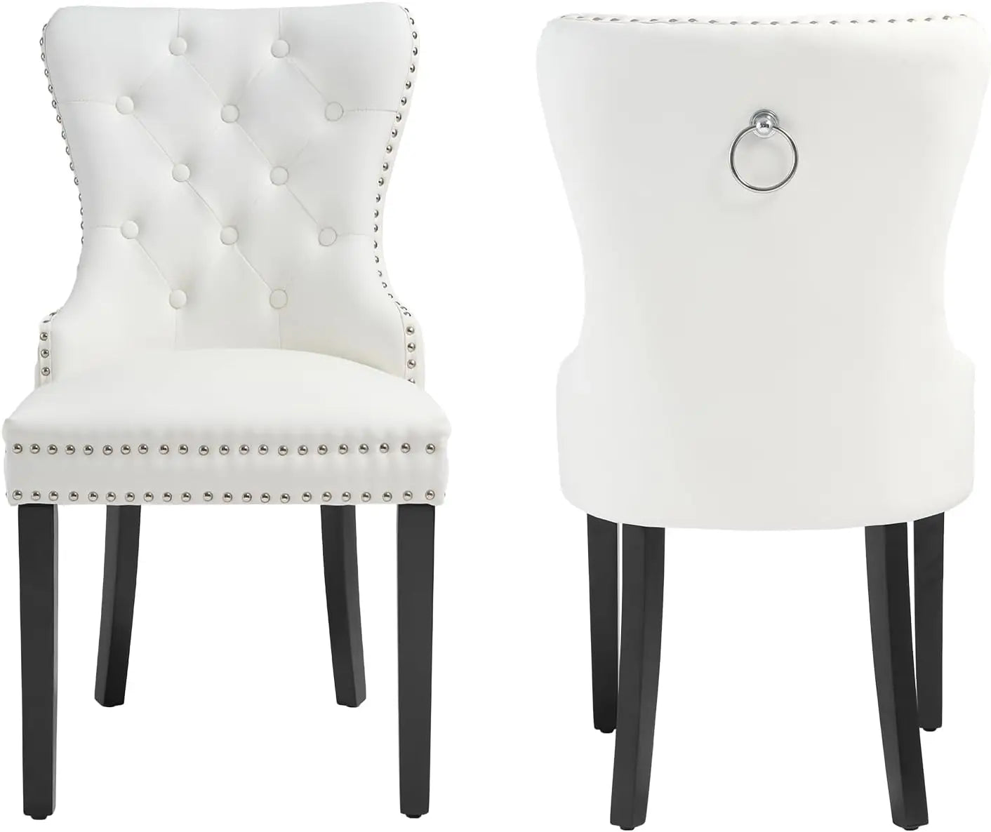 Tufted Upholstered Leather Dining Chairs with Solid Wood Legs and a Pull Ring