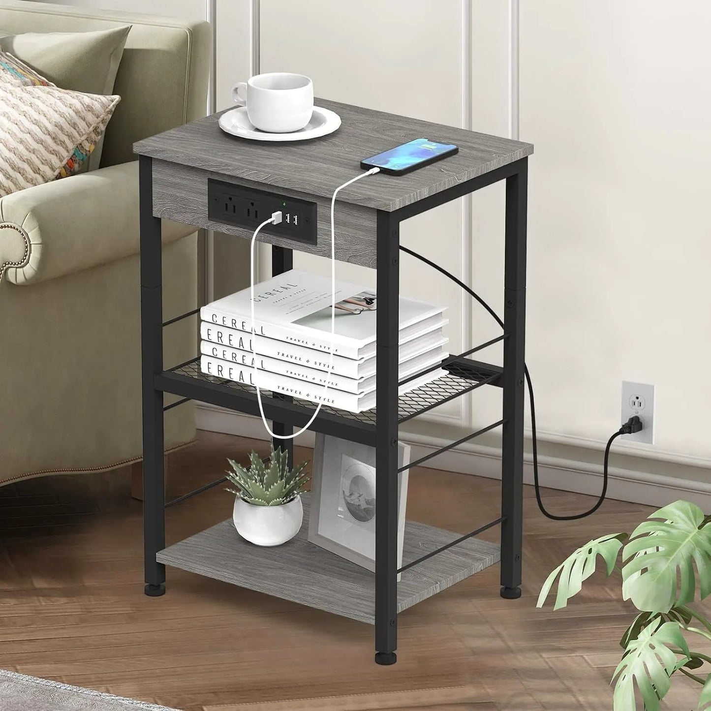 Living Room table with charging station with storage rack