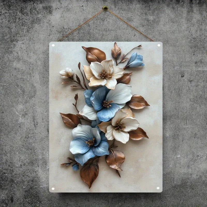 Metal Wall Elegant Art Blue and White Flower
