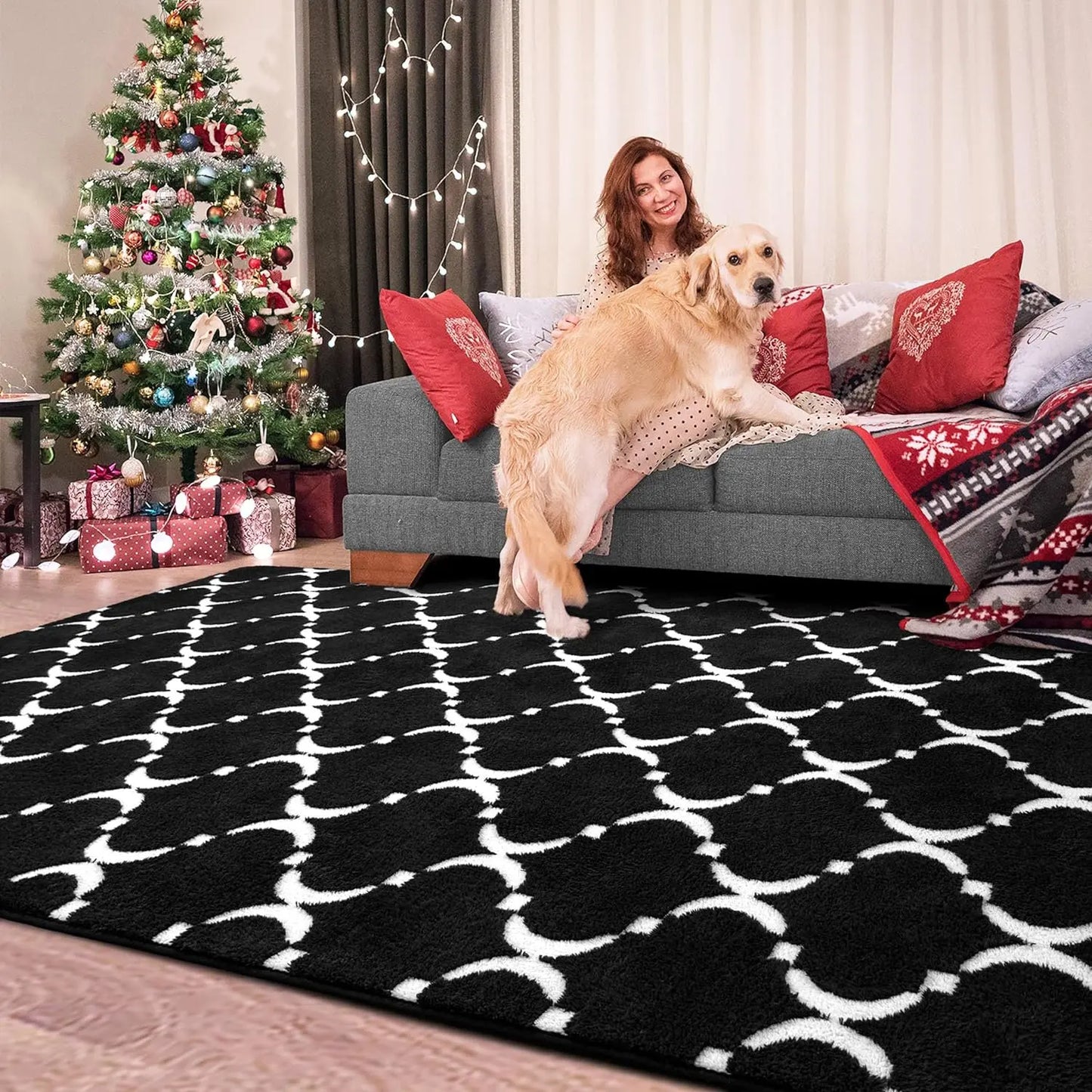 Large Plush Geometric Shag Rug Memory Foam