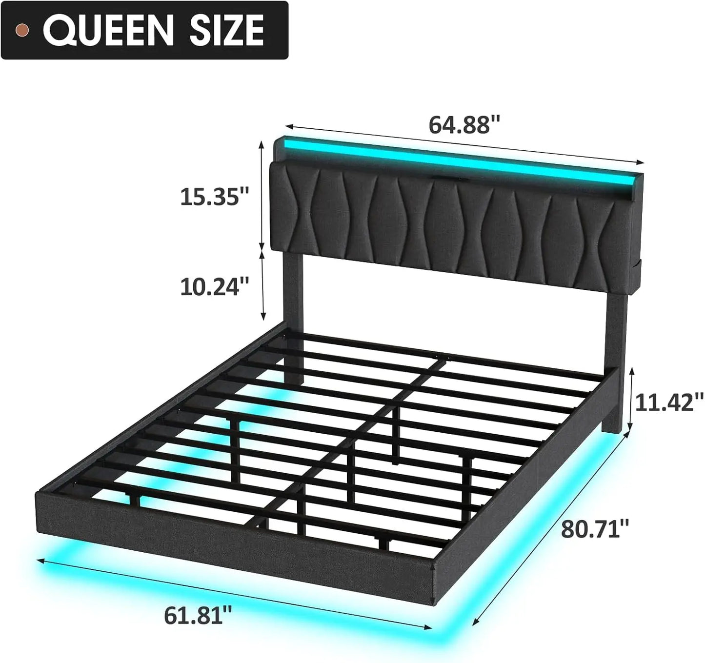 Floating Bed Frame with Storage Headboard & LED Light Frame & Charging Station