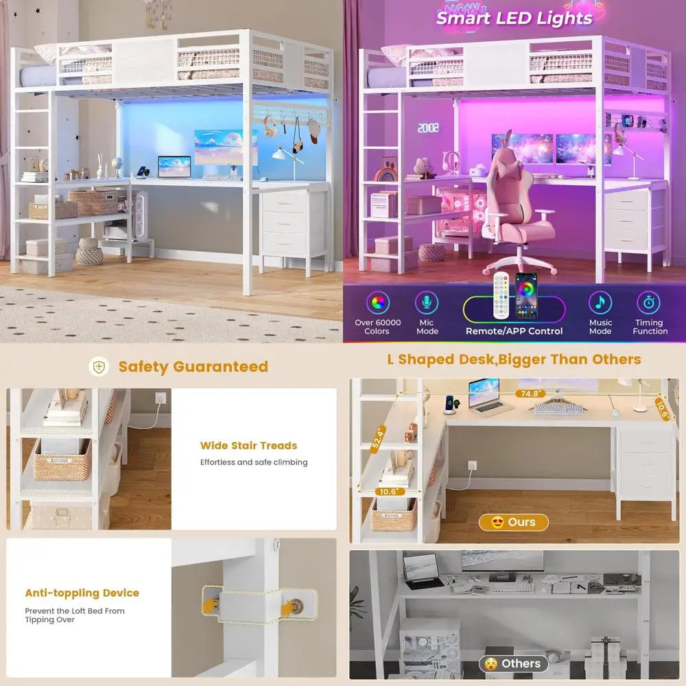 Full Size Loft Bed with L-Shaped Desk