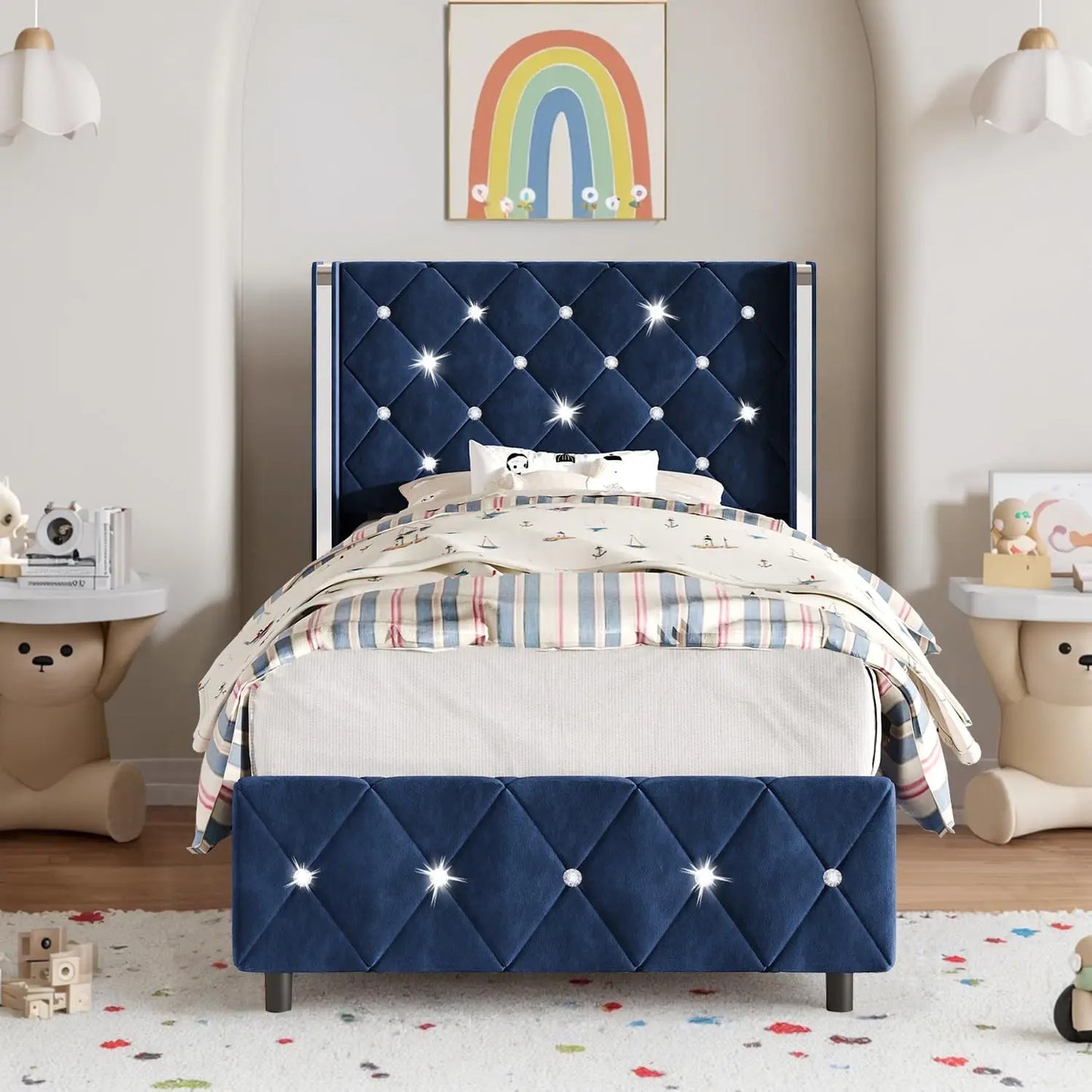 Velvet Upholstered Bed Frame with Wingback and Diamond Headboard