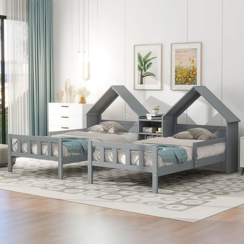 Double Twin Bed House Frame with Nightstand