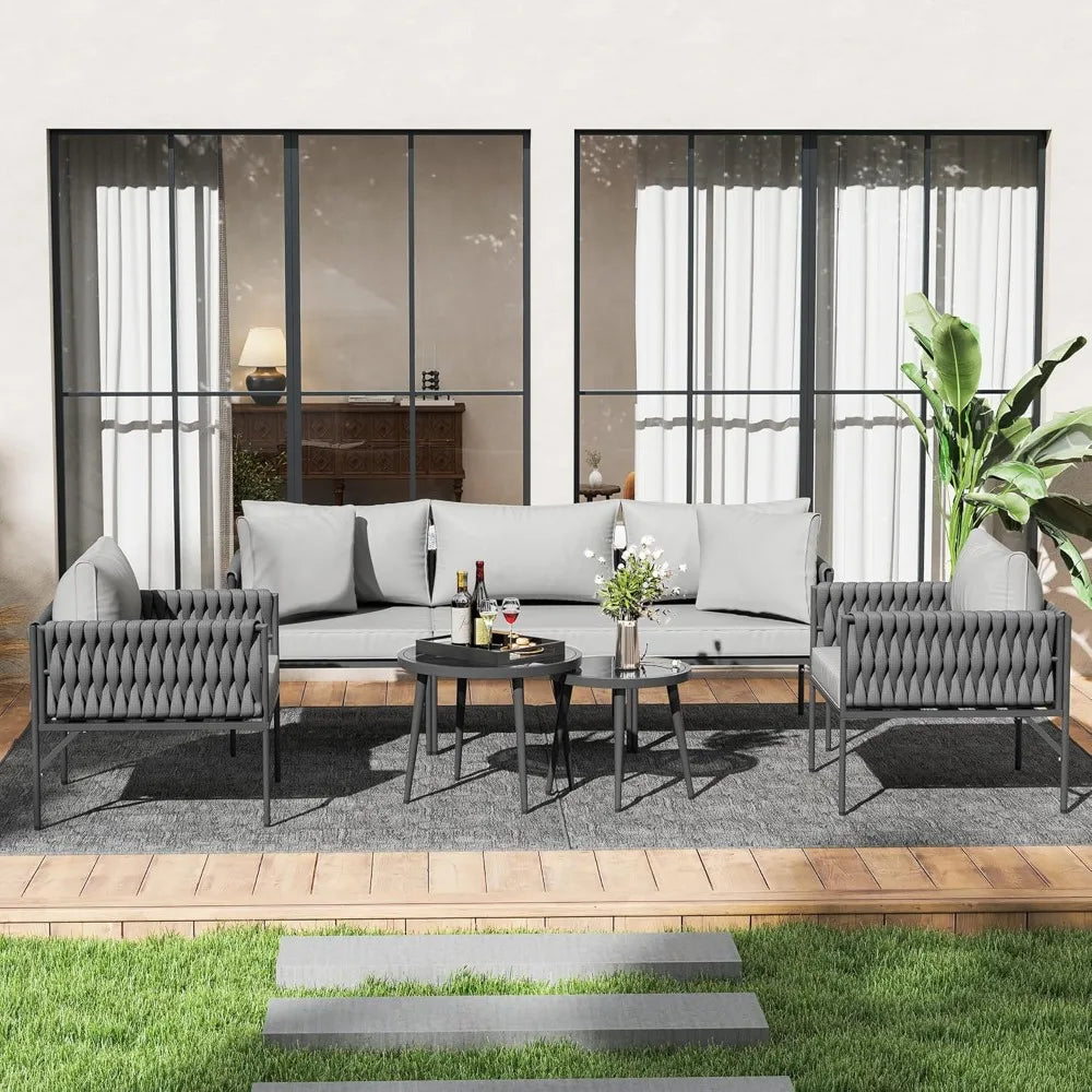 Patio Furniture Set with Handwoven Rope and Deep Seating