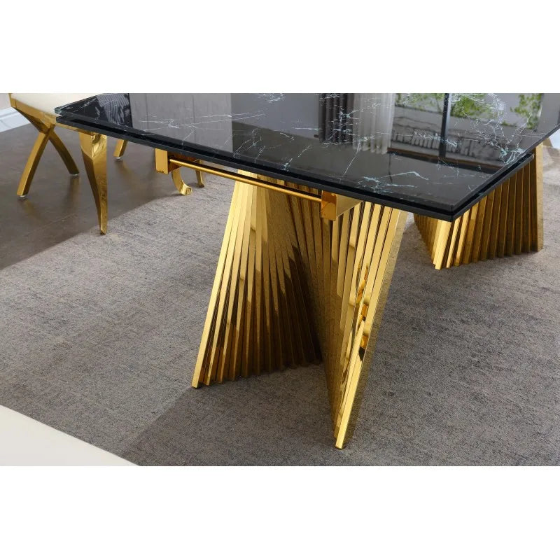 Dining Table with Black Marble Top & Tempered Glass