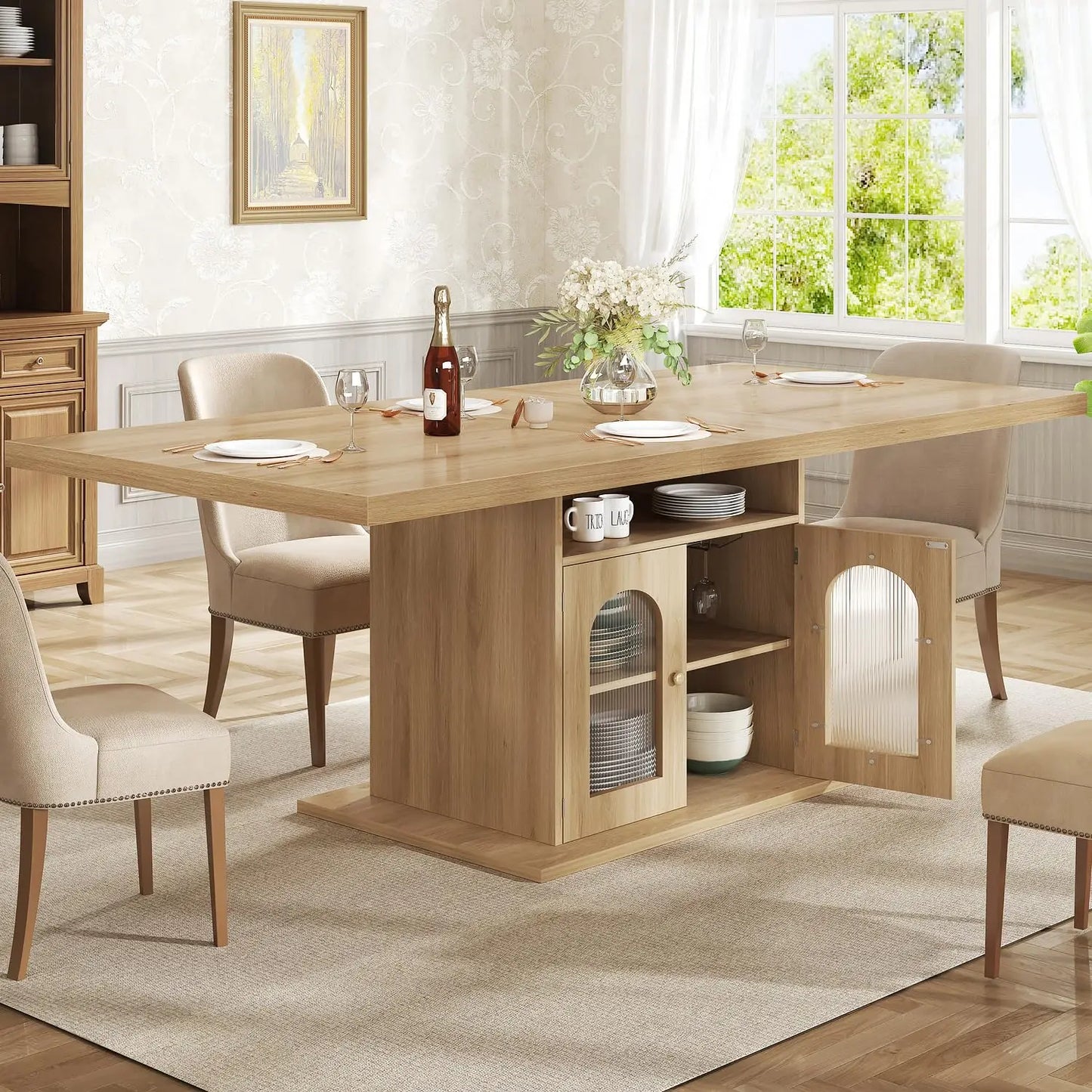 Rectangle Dining Table with Faux Marble Top Storage Shelves Cabinet