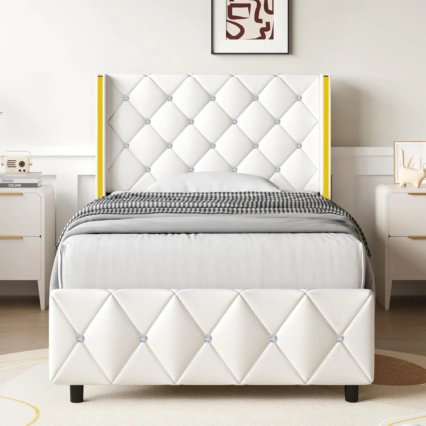 Velvet Upholstered Bed Frame with Wingback and Diamond Headboard