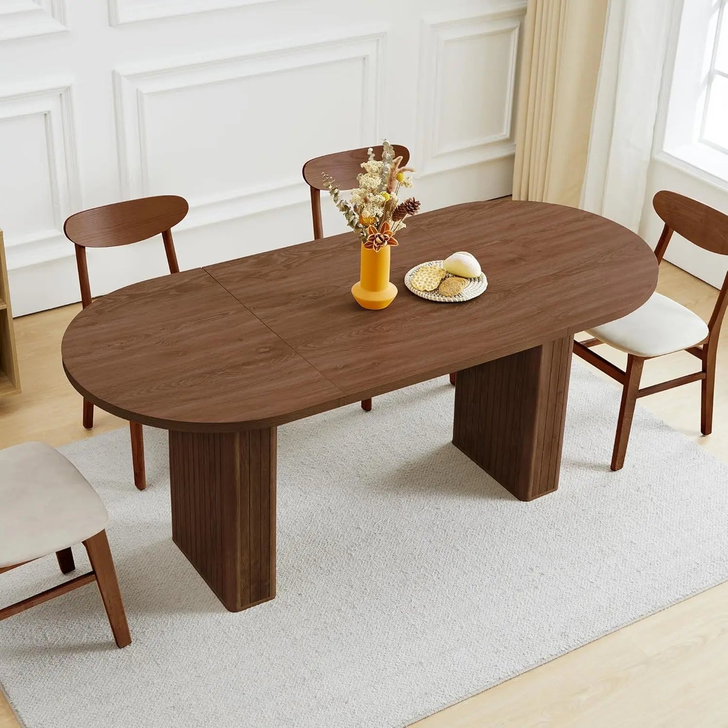 Fluted Base Modern Oval Round Extendable Dining Table