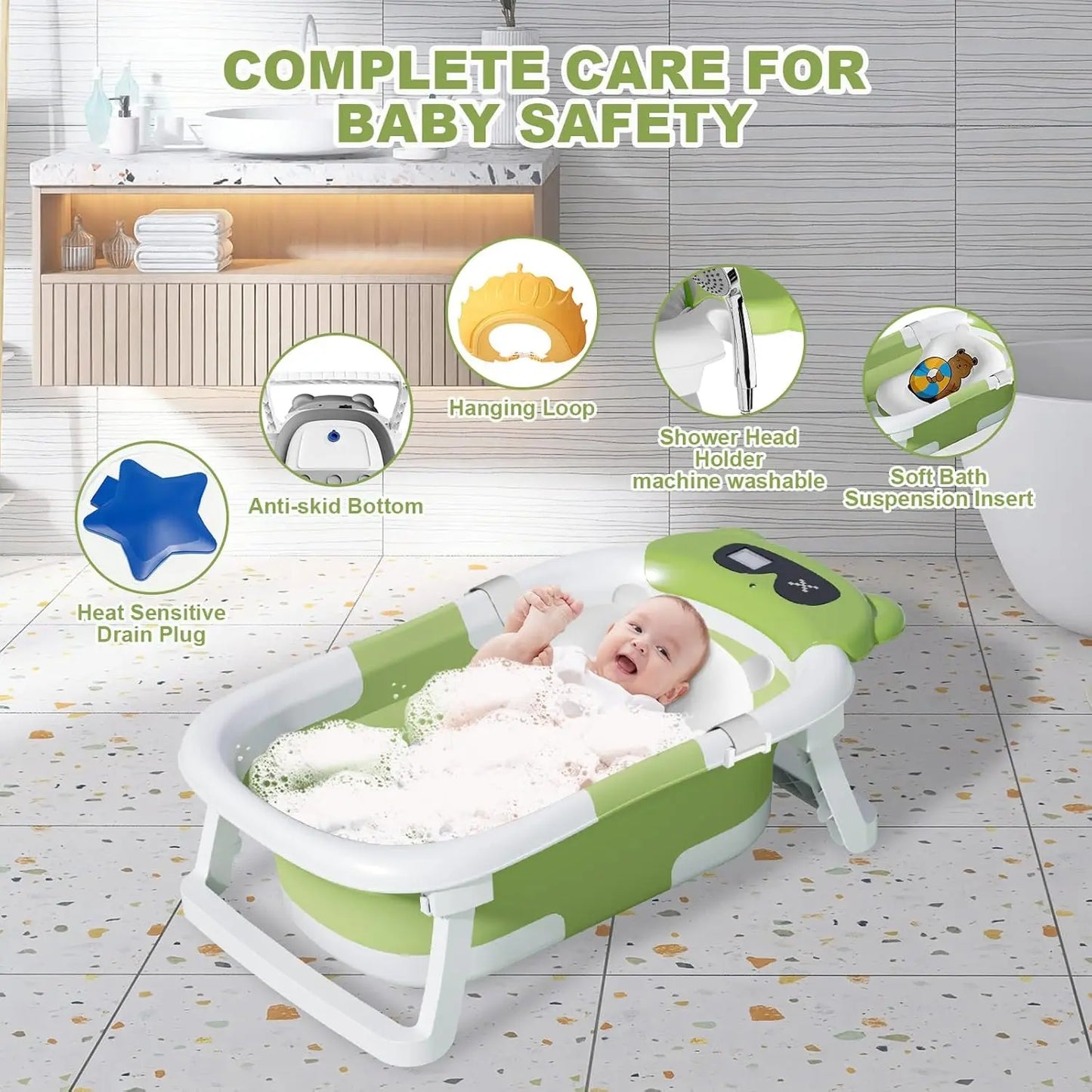 Baby Bathtub Foldable Baby Bathtub with Thermometer and Floating Cushion