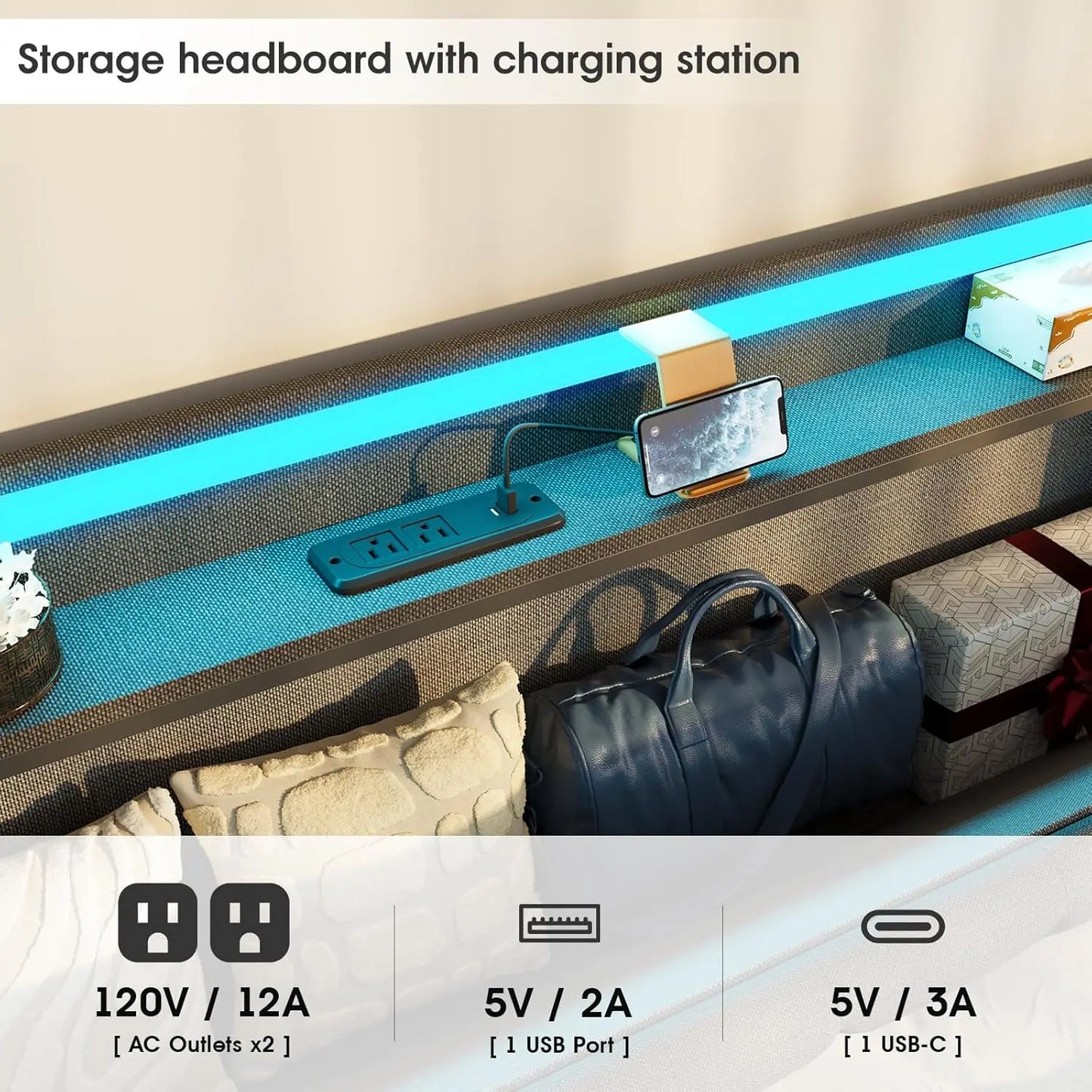 Floating Bed Frame with Storage Headboard & LED Light Frame & Charging Station