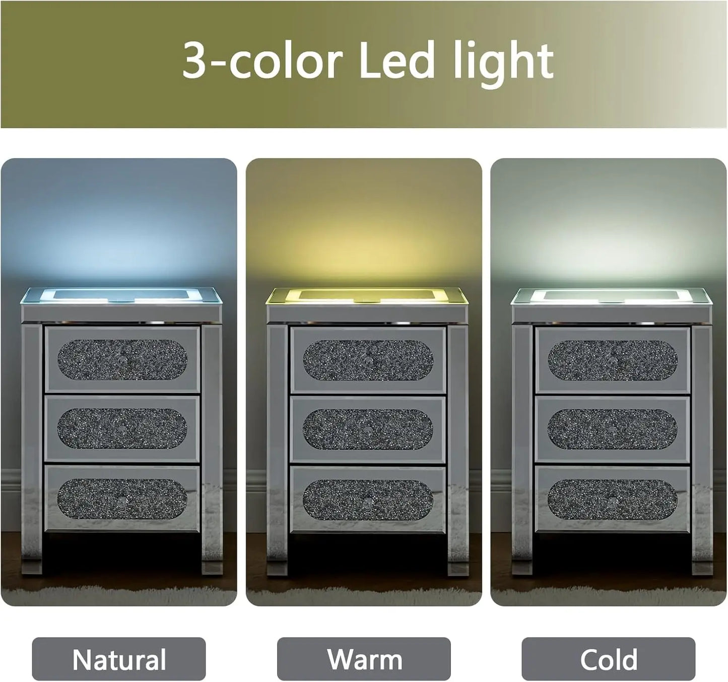 Mirrored Nightstands Set with Wireless Charging Station and LED Lights