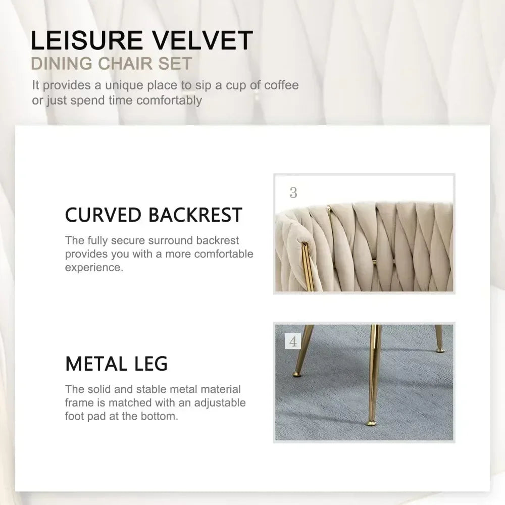Woven Velvet Upholstered Dining Chairs Set with Gold Metal Legs