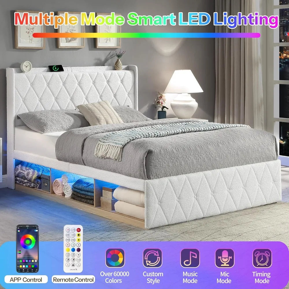 Bed Frame with Storage Cabinet and LED Lights