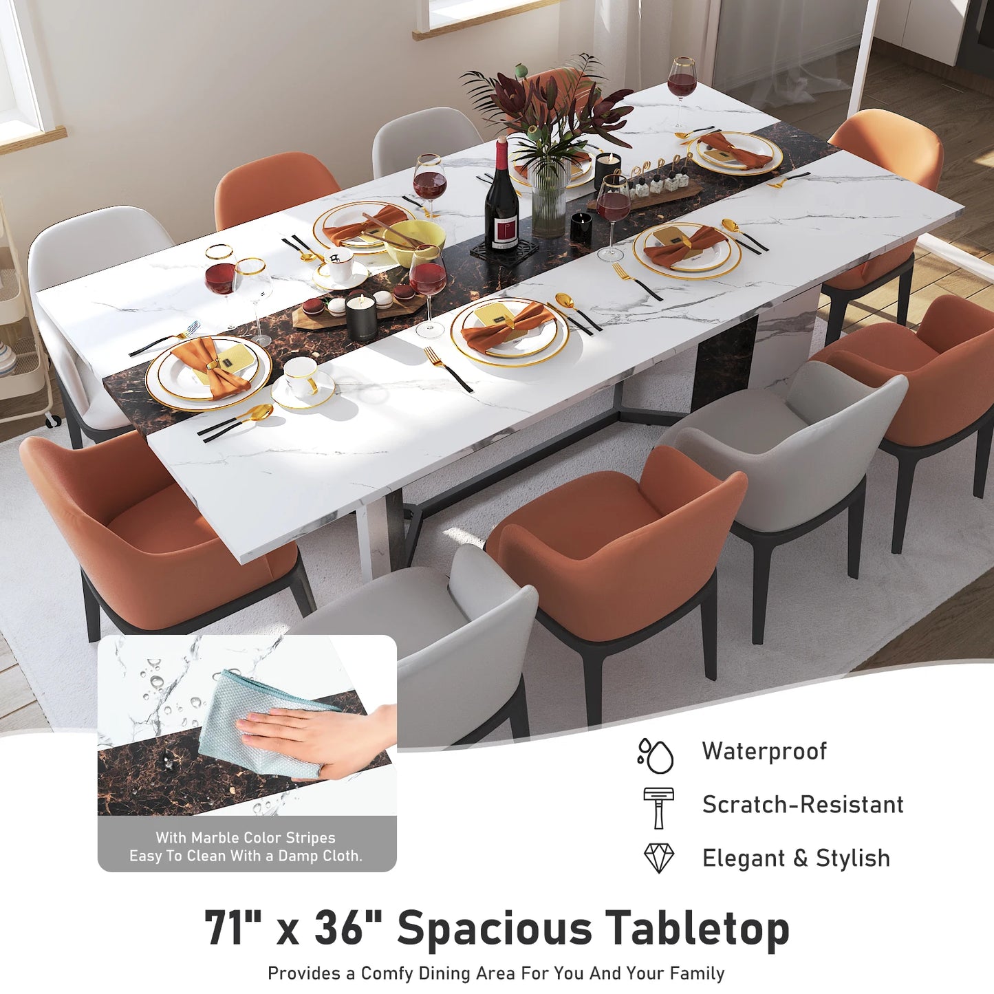 Large Rectangular White Dining Table with Marble Color, Wood Tabletop, Metal Leg
