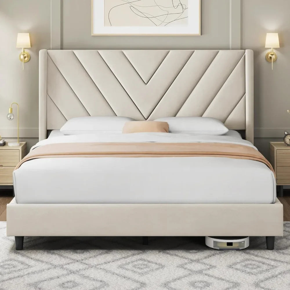 Bed Frame Upholstered Platform with Wing Side