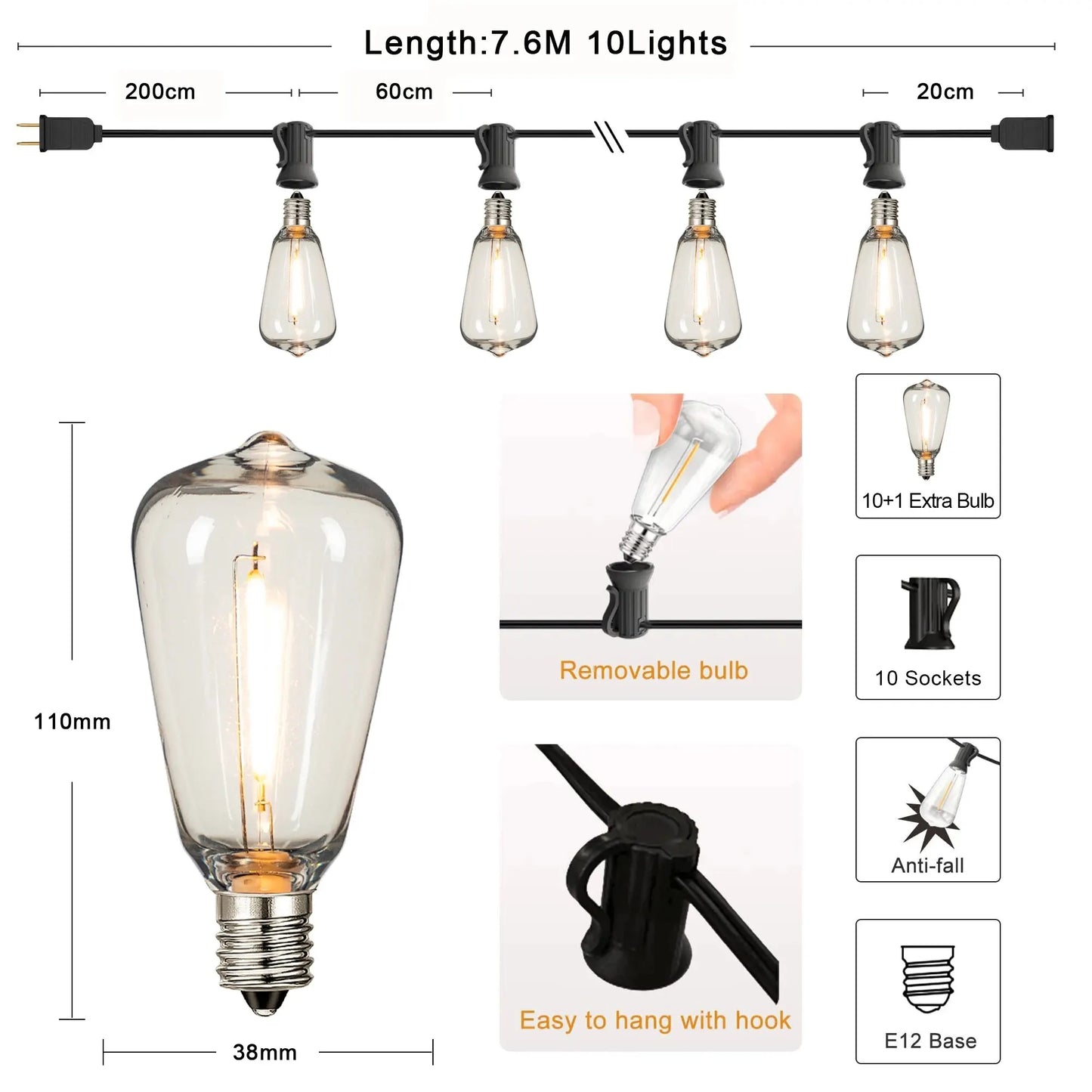 Patio String Garland LED Lights Connectable Waterproof Plastic Bulb