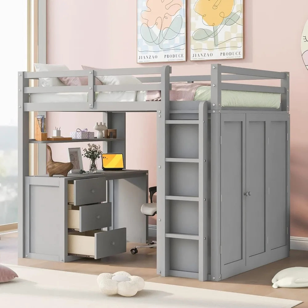 Full Size Loft Bed with Desk and Wardrobe
