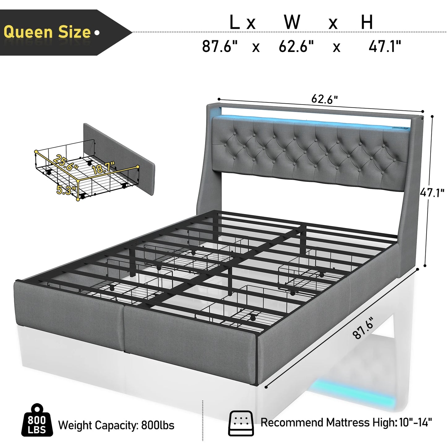 Upholstered Headboard & Bed Frame with 4 Storage Drawers and LED Lights