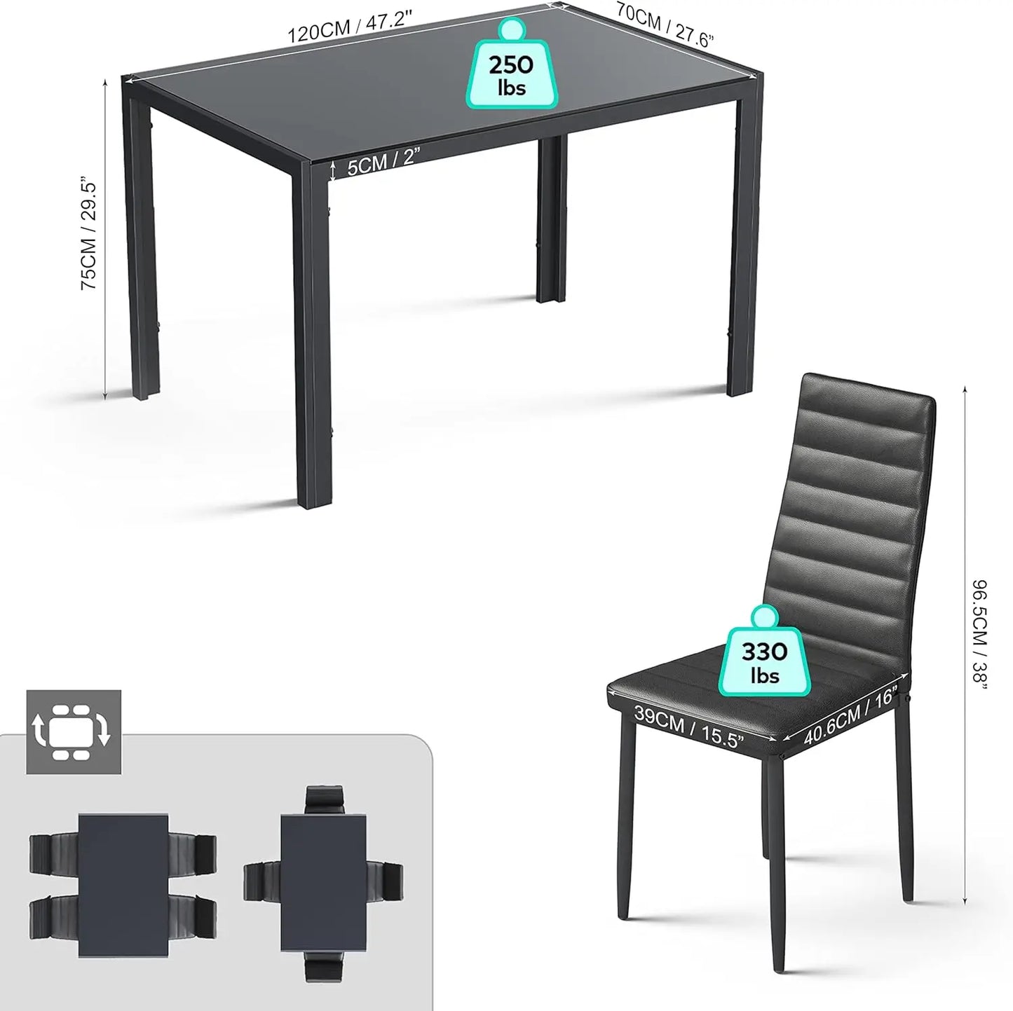 5 Piece Glass Dining Table Set and Chairs for 4