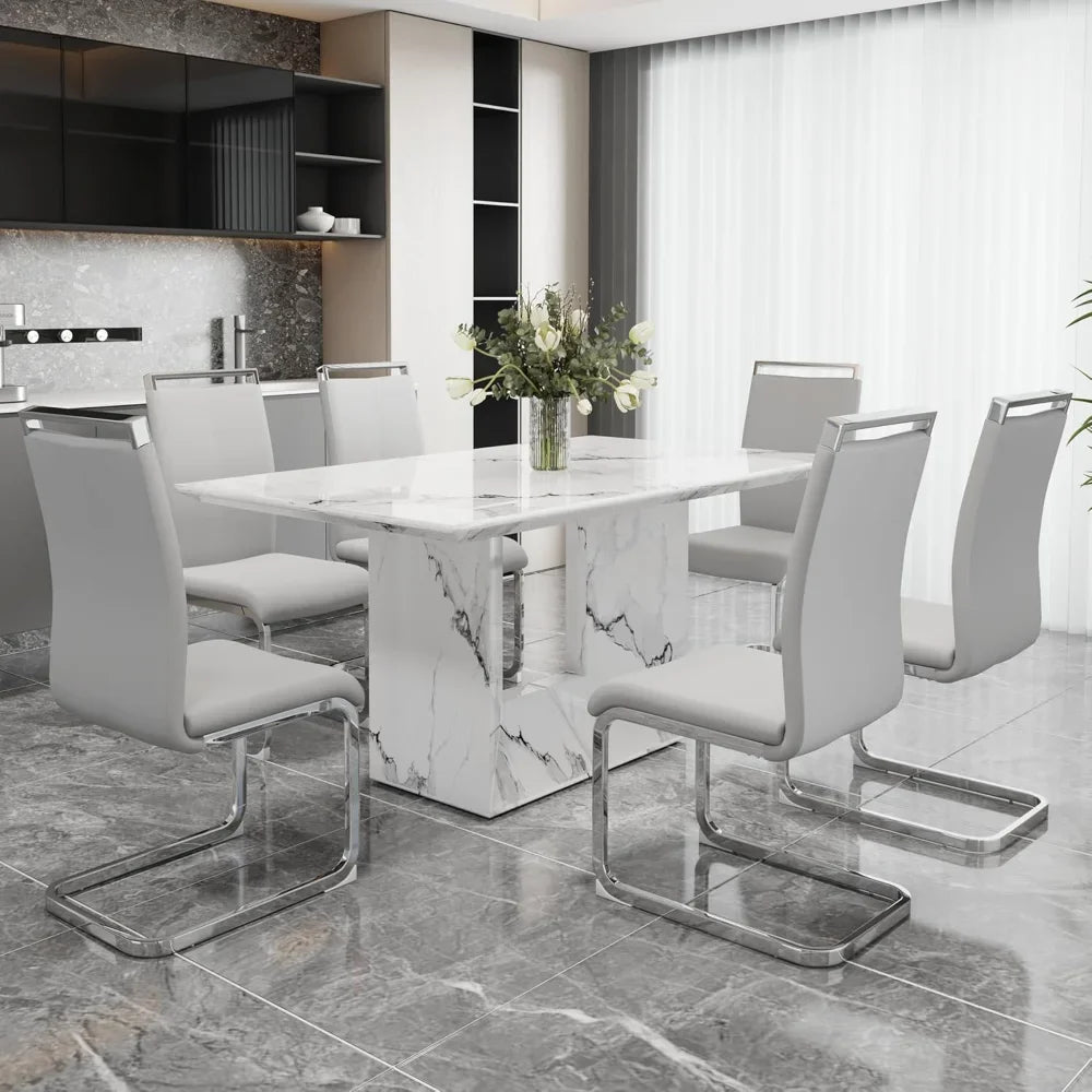 White Imitation Marble Table with Leather Chairs Set