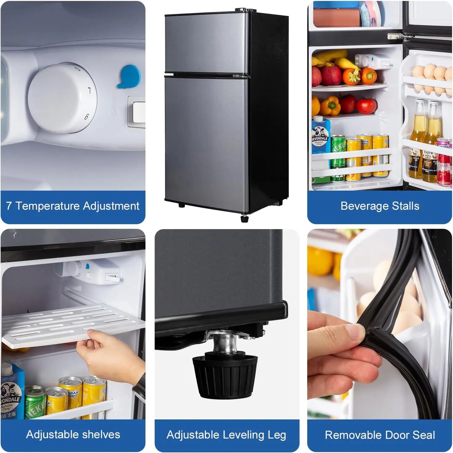 Mini Fridge with Freezer with 7 Adjustable Thermostat