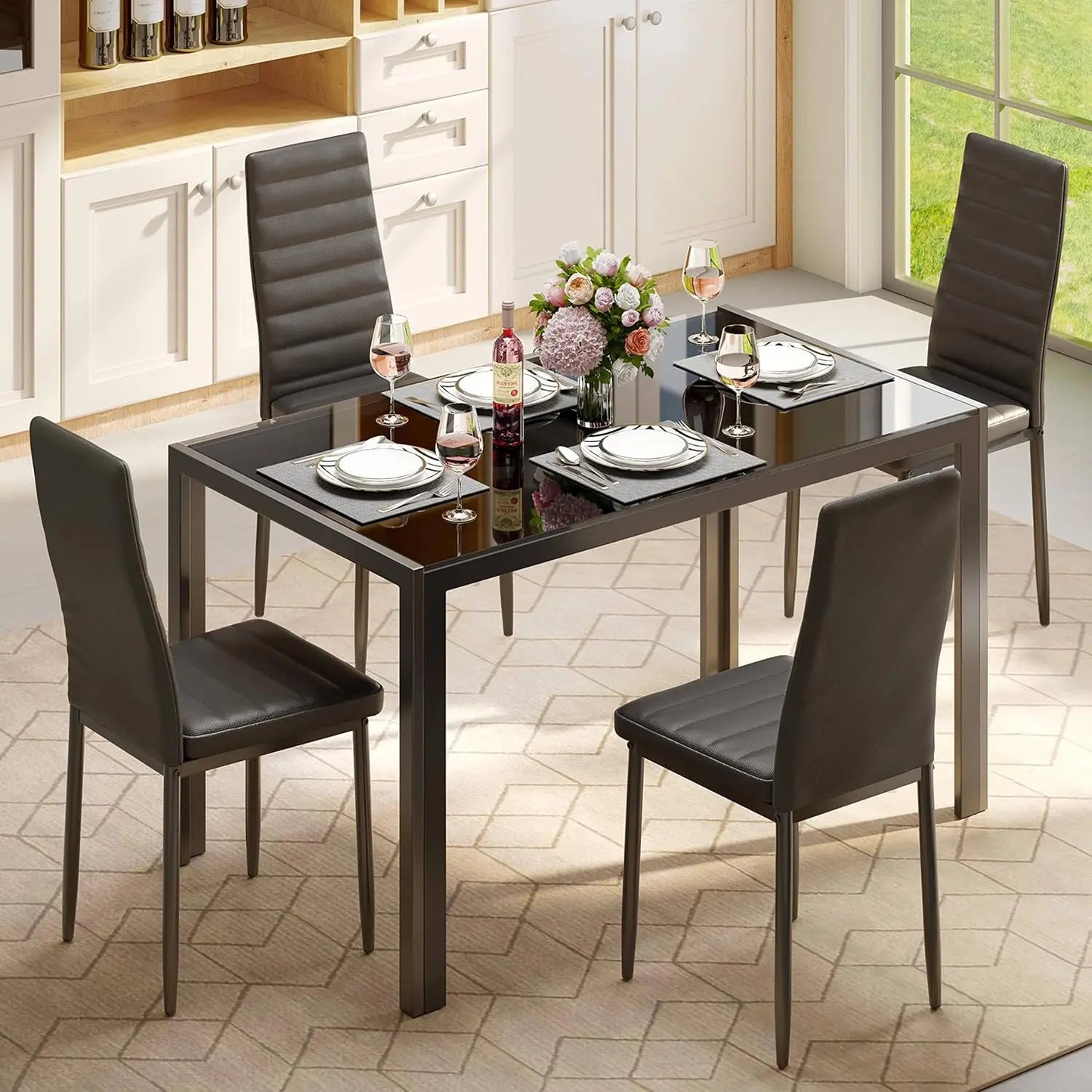 5 Piece Glass Dining Table Set and Chairs for 4