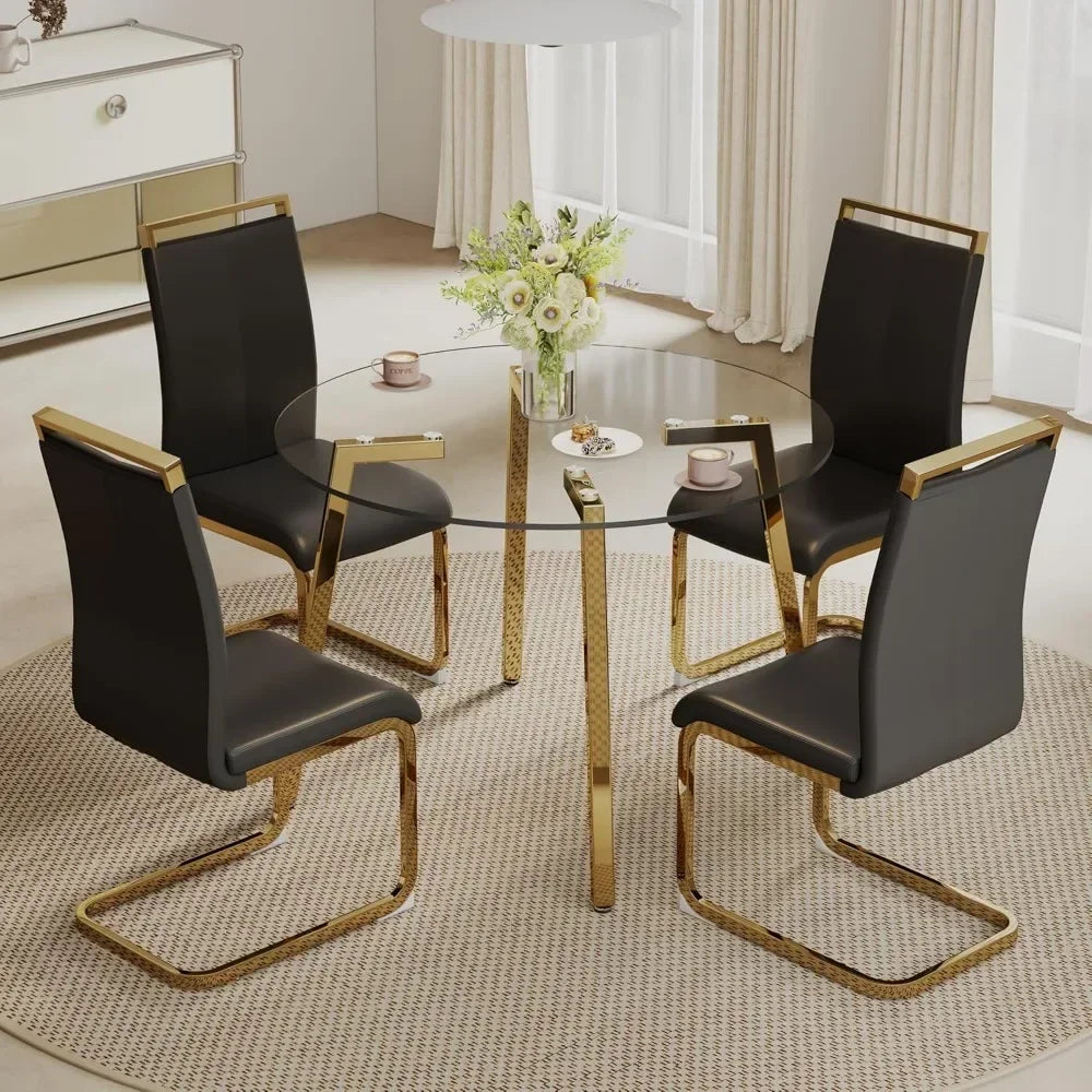 Tempered Glass Round Dining Table Set with 4 Armless Chairs