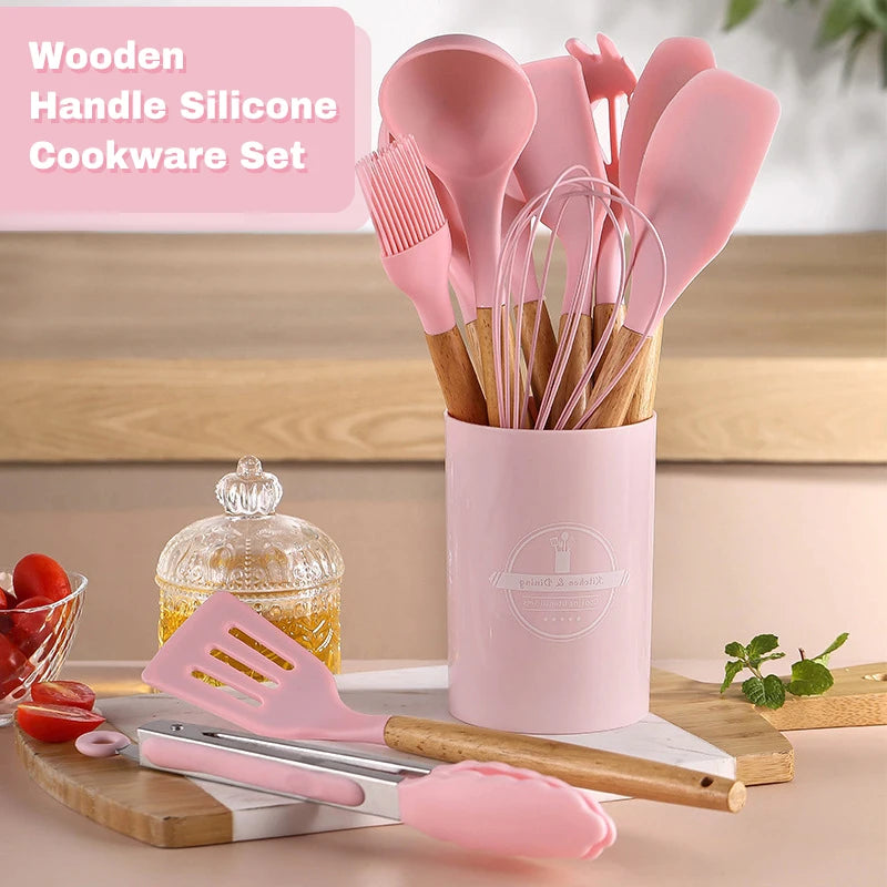 Silicone Cookware Kitchen Utensil Wooden Handle