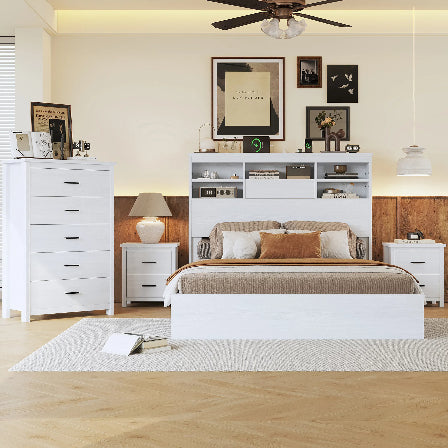 Vintage Bedroom Set - Wooden Bed Frame, 2 Nightstands & 1 Dresser