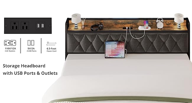 Bed Frames, Storage Headboard with Outlets, No Noise, No Box Springs Needed