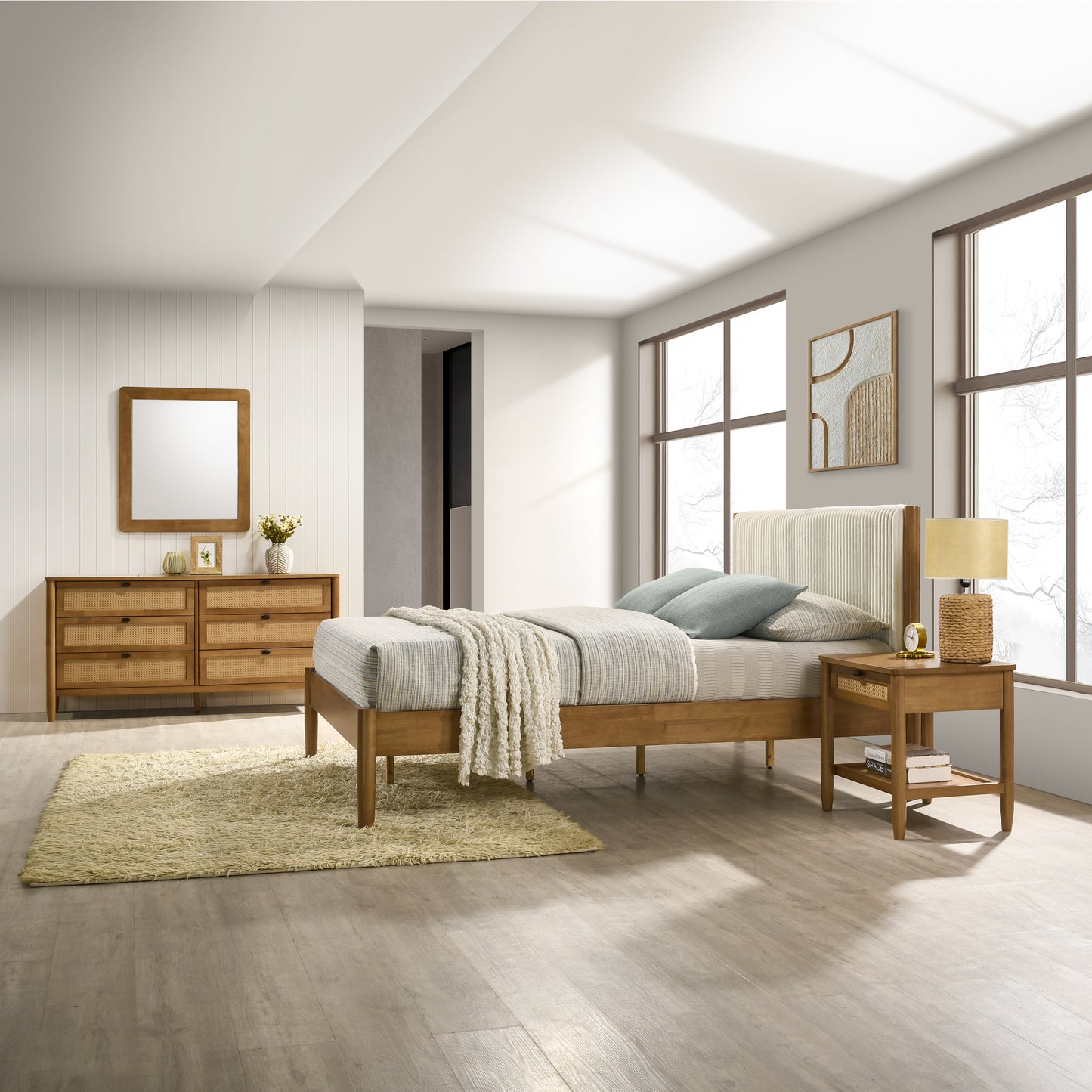 Rubberwood Bedroom Set with Upholstered Bed