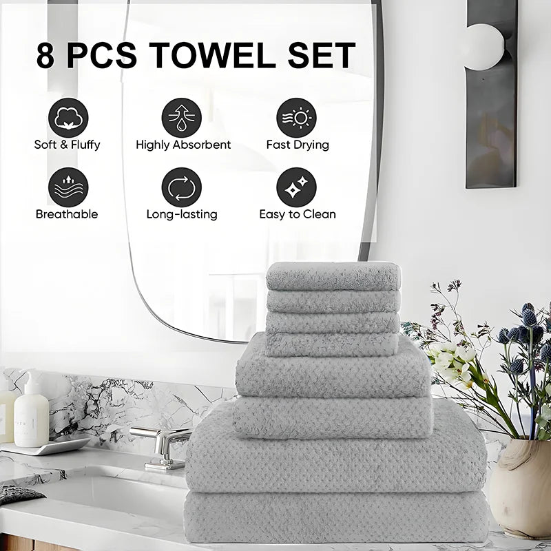 Towels Bath 8 Piece Towels Set, 2 Extra Large Bath Towels, 2 Hand Towels, 4 Washcloths, Cotton, Lighter Weight, Quicker to Dry